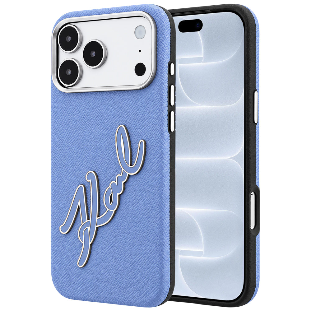 Coque pour Apple iPhone 18 Pro / 17 Pro, Karl Lagerfeld, Logo Signature en Résine Lisse et Grande, Bleu