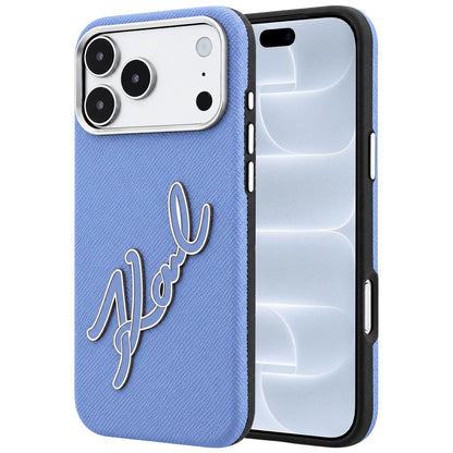 Coque pour Apple iPhone 18 Pro / 17 Pro, Karl Lagerfeld, Logo Signature en Résine Lisse et Grande, Bleu