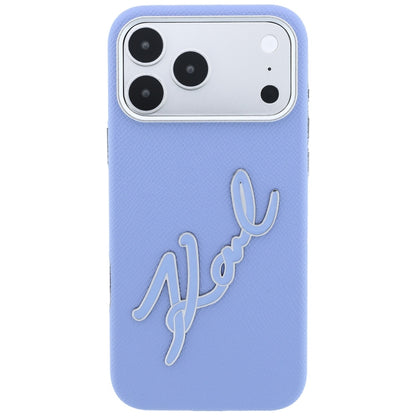 Coque pour Apple iPhone 18 Pro / 17 Pro, Karl Lagerfeld, Logo Signature en Résine Lisse et Grande, Bleu