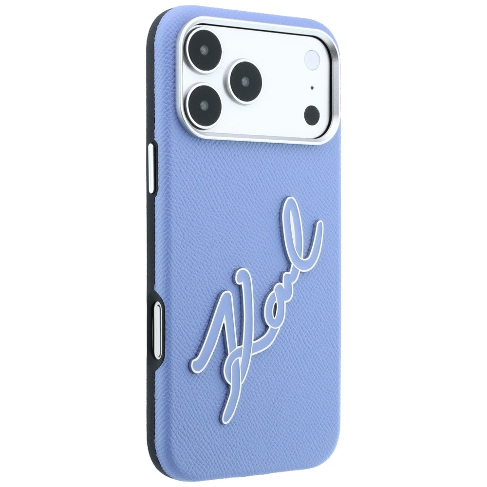Coque pour Apple iPhone 18 Pro / 17 Pro, Karl Lagerfeld, Logo Signature en Résine Lisse et Grande, Bleu