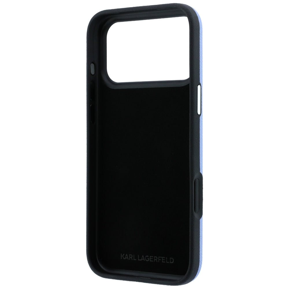 Coque pour Apple iPhone 18 Pro / 17 Pro, Karl Lagerfeld, Logo Signature en Résine Lisse et Grande, Bleu