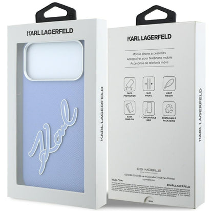 Coque pour Apple iPhone 18 Pro / 17 Pro, Karl Lagerfeld, Logo Signature en Résine Lisse et Grande, Bleu
