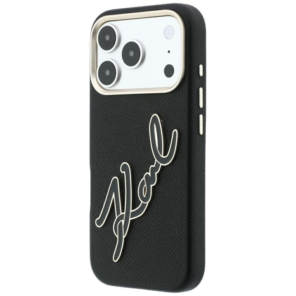 Coque pour Apple iPhone 18 Pro / 17 Pro, Karl Lagerfeld, Logo Signature en Résine Lisse et Grande, Noire