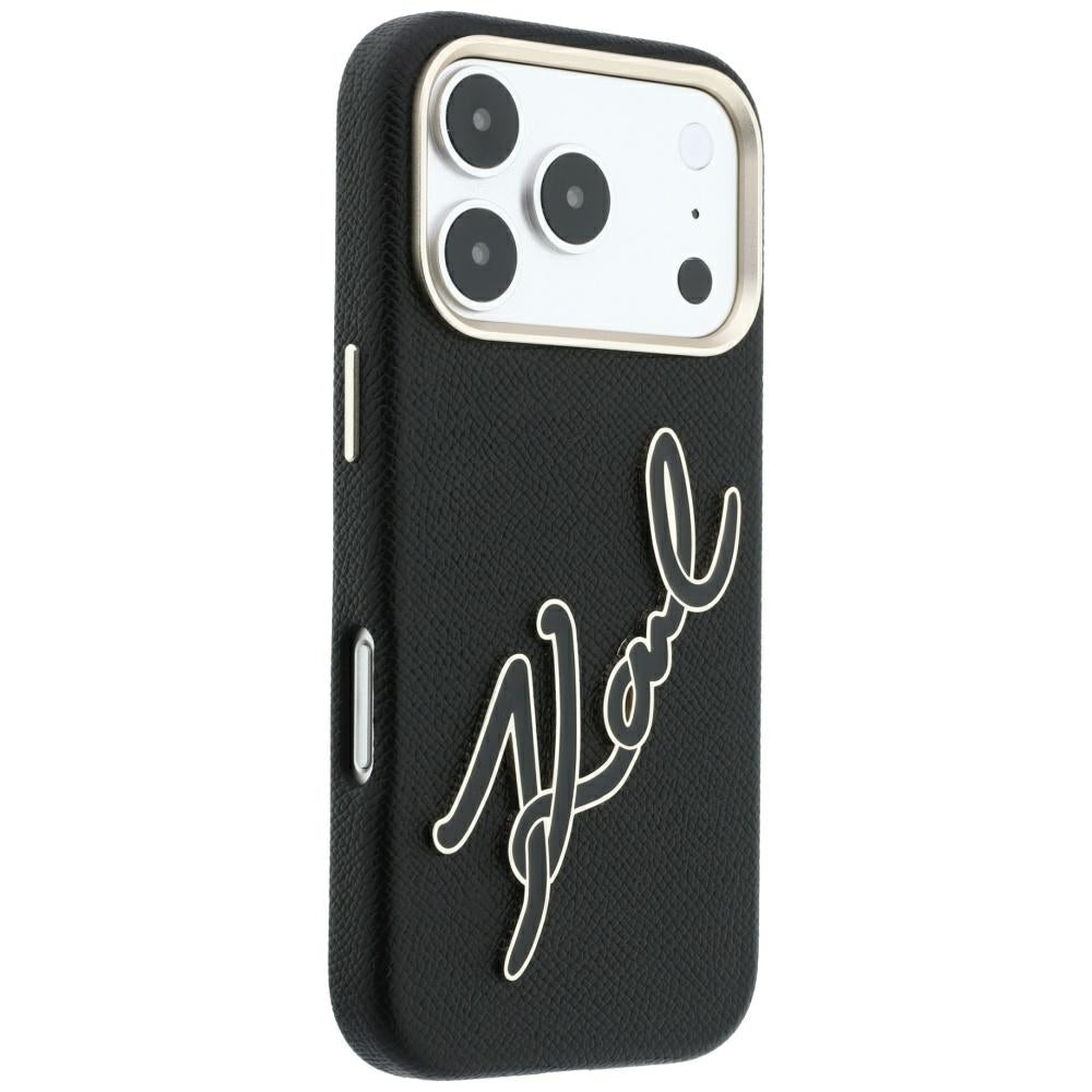 Coque pour Apple iPhone 18 Pro / 17 Pro, Karl Lagerfeld, Logo Signature en Résine Lisse et Grande, Noire