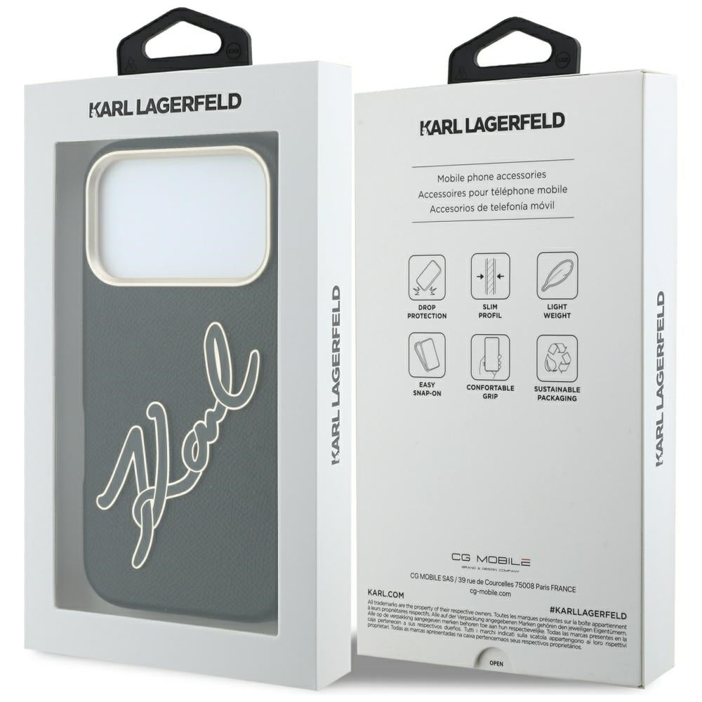 Coque pour Apple iPhone 18 Pro / 17 Pro, Karl Lagerfeld, Logo Signature en Résine Lisse et Grande, Noire