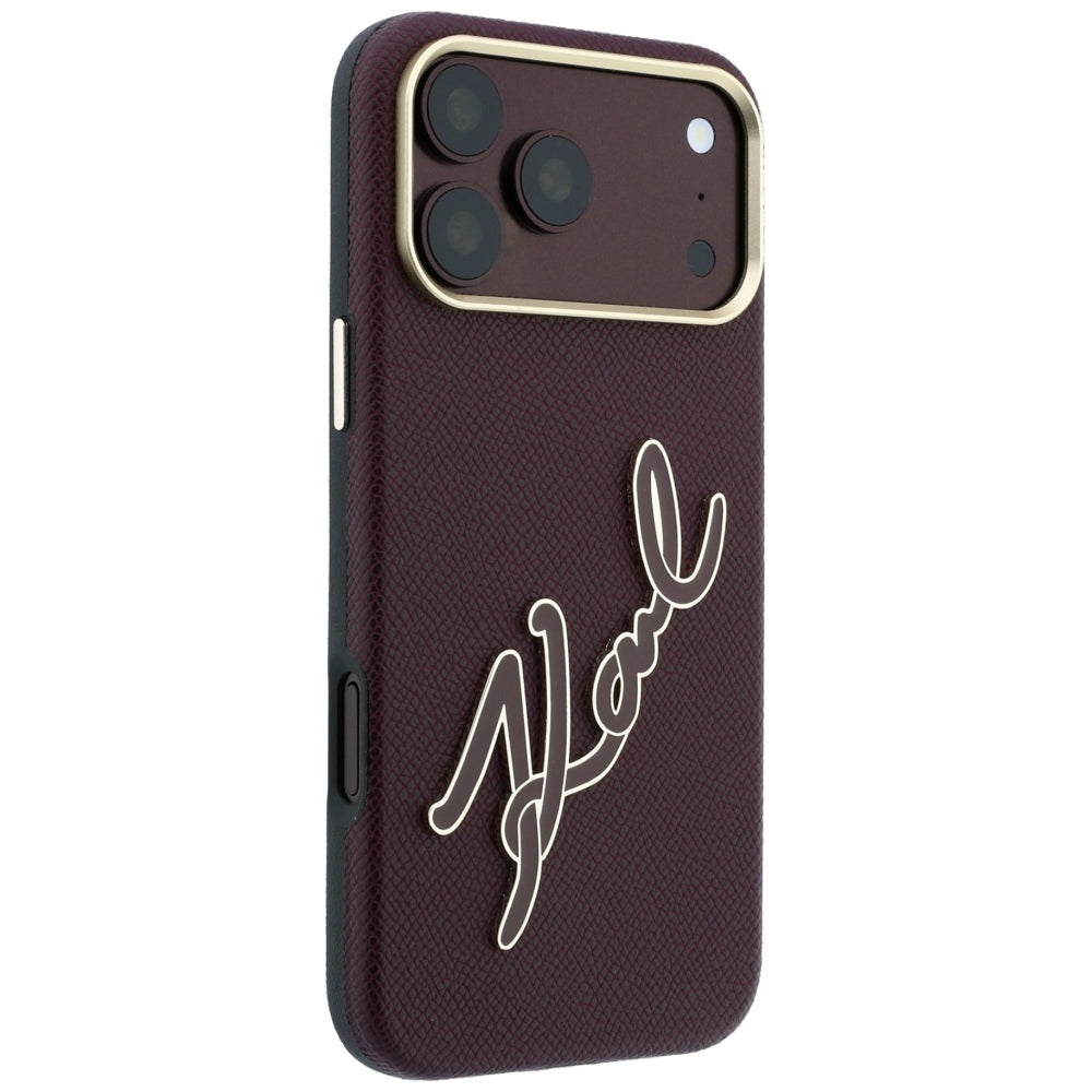Coque pour Apple iPhone 18 Pro / 17 Pro, Karl Lagerfeld, Grand logo signature en résine lisse, Bordeaux