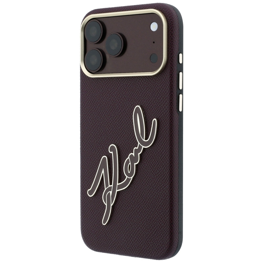 Coque pour Apple iPhone 18 Pro / 17 Pro, Karl Lagerfeld, Grand logo signature en résine lisse, Bordeaux
