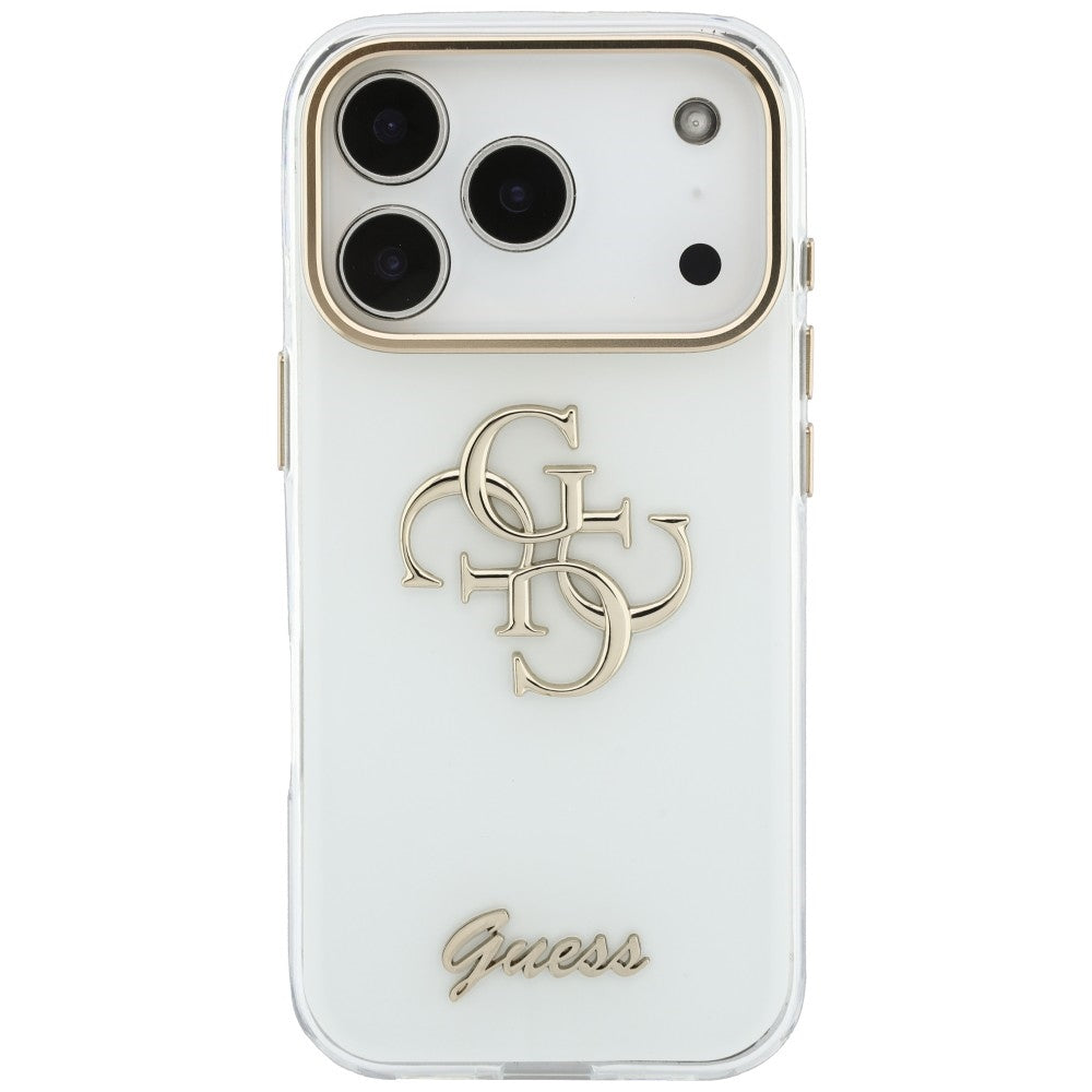 Coque pour Apple iPhone 18 Pro, Guess, IML 4G Metal Script, Blanche