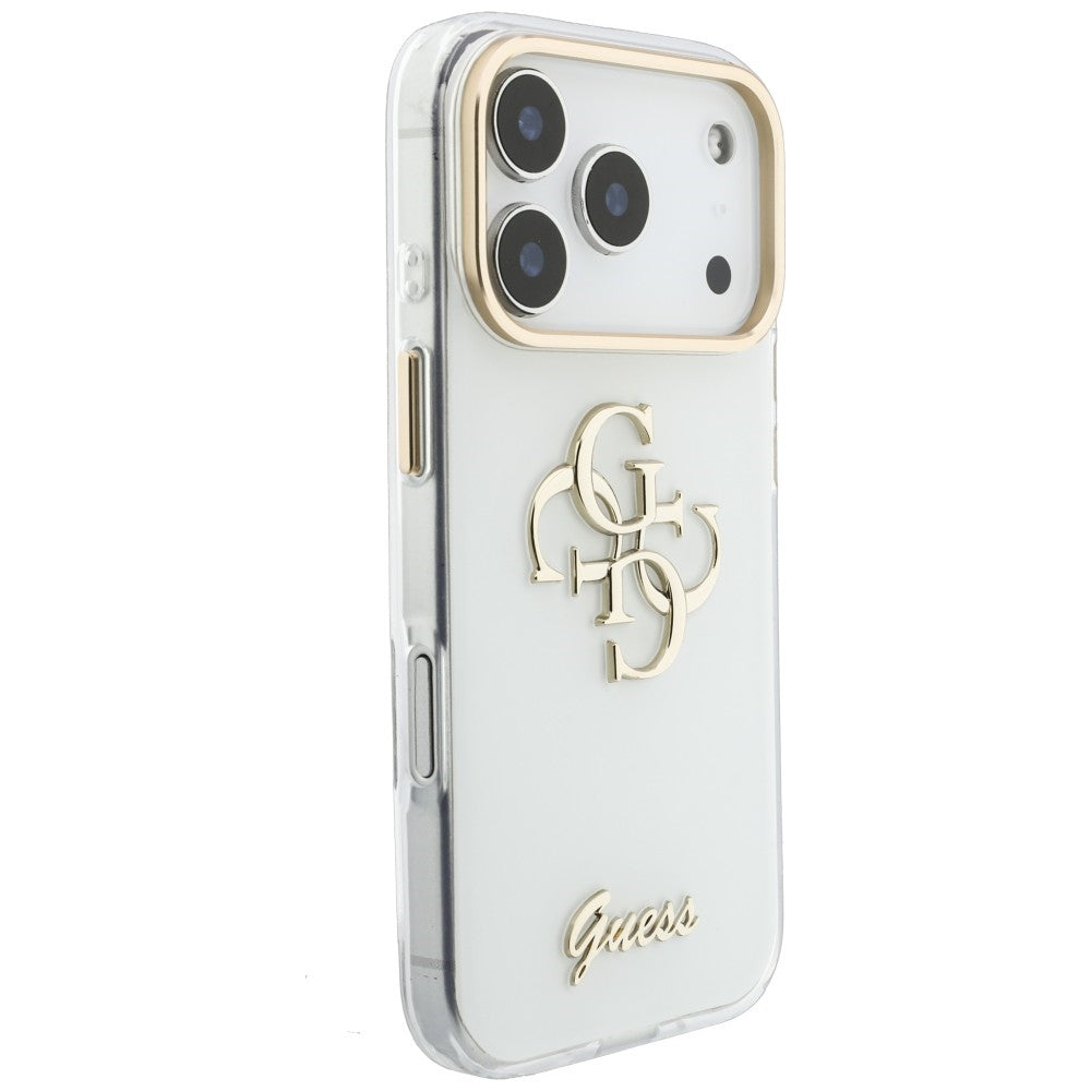 Coque pour Apple iPhone 18 Pro, Guess, IML 4G Metal Script, Blanche