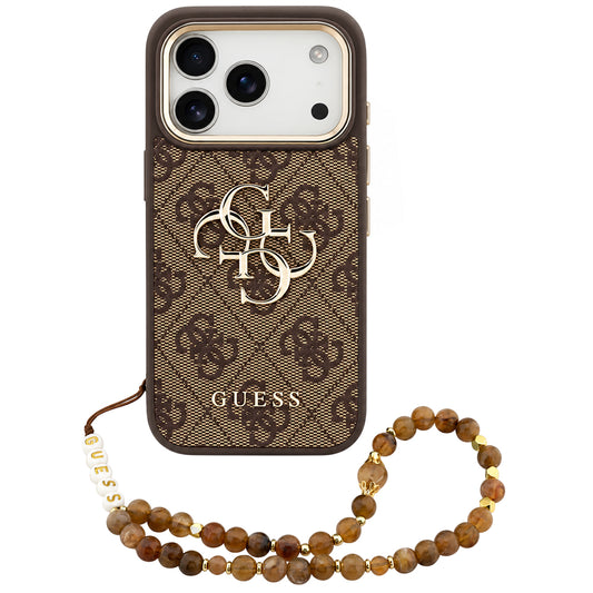 Coque pour Apple iPhone 18 Pro Max / 17 Pro Max, Guess, Logo Classique 4G avec Lanière, Marron Doré