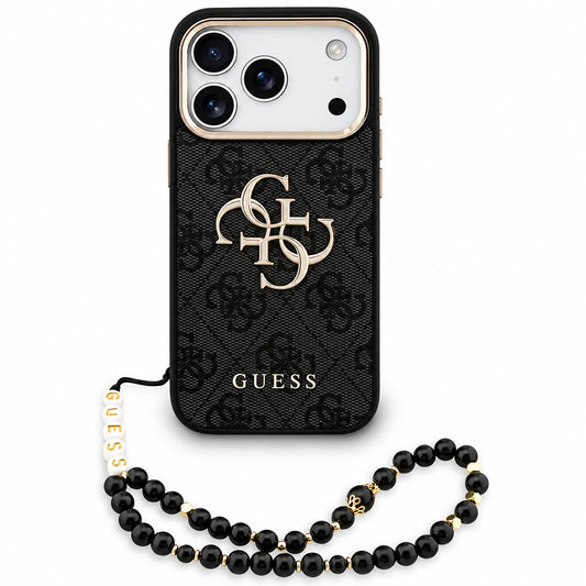 Coque pour Apple iPhone 18 Pro Max / 17 Pro Max, Guess, Logo Classique 4G avec Lanière, Noir Doré