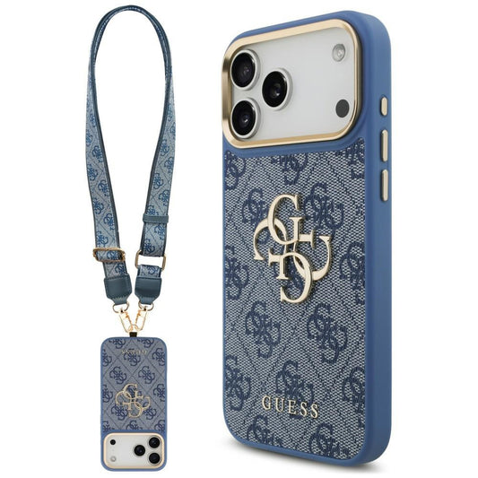 Coque pour Apple iPhone 18 Pro Max / 17 Pro Max, Guess, Big 4G Classic Logo & Big Strap Metal Buttons, bleue