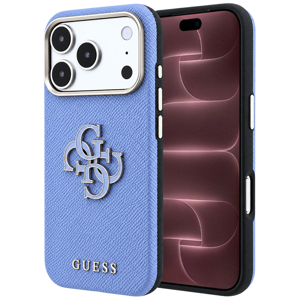 Coque pour Apple iPhone 18 Pro Max / 17 Pro Max, Guess, Grand Logo en Résine Grainée, Bleu