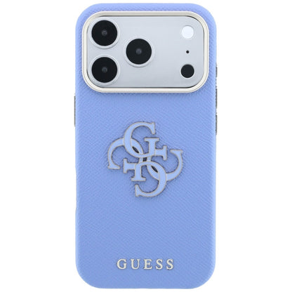 Coque pour Apple iPhone 18 Pro Max / 17 Pro Max, Guess, Grand Logo en Résine Grainée, Bleu