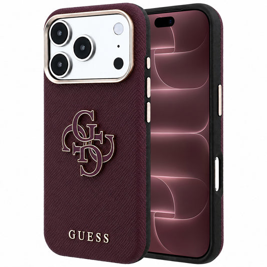 Coque pour Apple iPhone 18 Pro Max / 17 Pro Max, Guess, Grand logo en résine grainée, Bordeaux