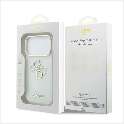 Coque pour Apple iPhone 18 Pro Max / 17 Pro Max, Guess, IML 4G Metal Script, Blanche