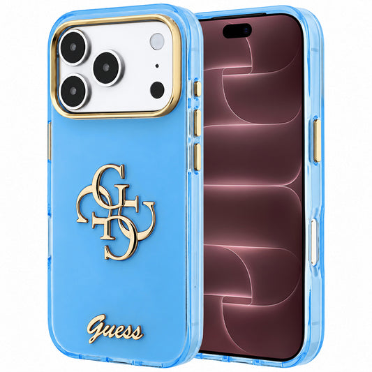 Coque pour Apple iPhone 18 Pro Max / 17 Pro Max, Guess, IML 4G Metal Script, Bleu