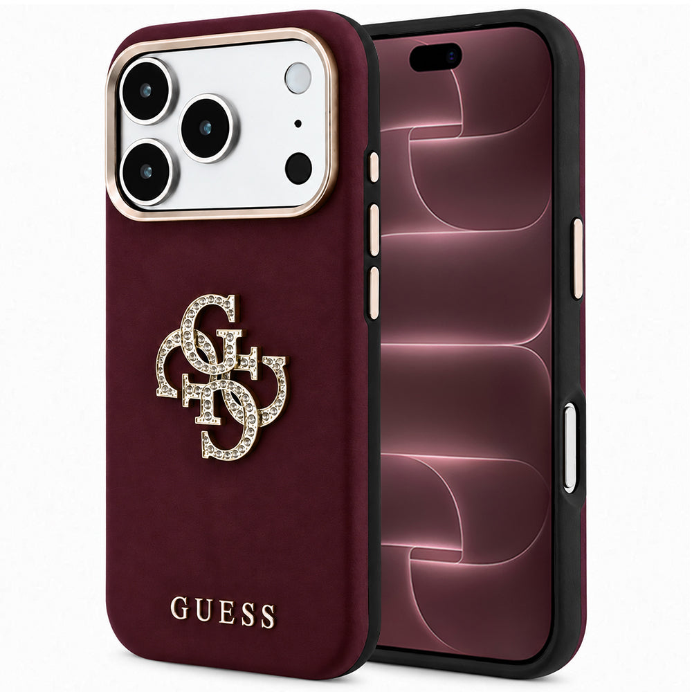 Coque pour Apple iPhone 18 Pro Max / 17 Pro Max, Guess, Logo Strass Lisse Grand, Bordeaux