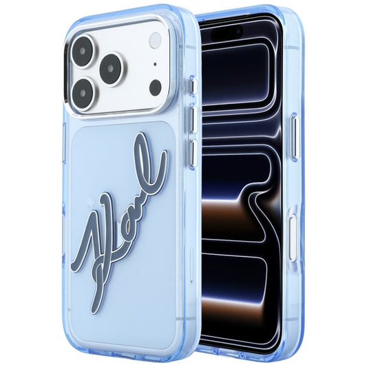 Coque pour Apple iPhone 18 Pro Max / 17 Pro Max, Karl Lagerfeld, IML Big Signature Résine Logo Cadre Métallique, Bleue
