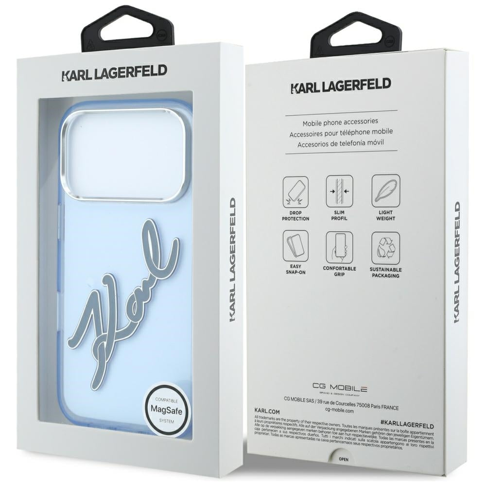 Case for Apple iPhone 18 Pro Max / 17 Pro Max, Karl Lagerfeld, IML Big Signature Resin Logo Metal Frame, Blue