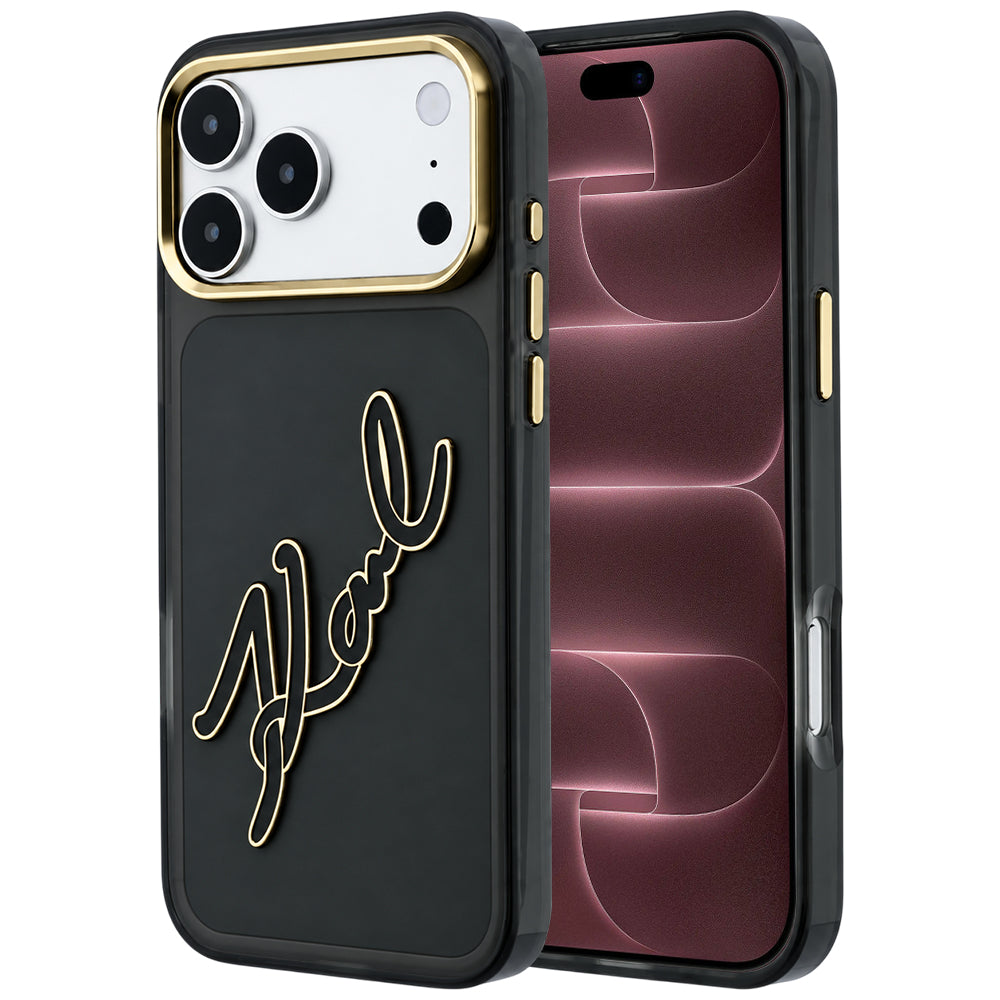 Coque pour Apple iPhone 18 Pro Max / 17 Pro Max, Karl Lagerfeld, IML Grand Logo Signature en Résine avec Cadre Métallique, Noire