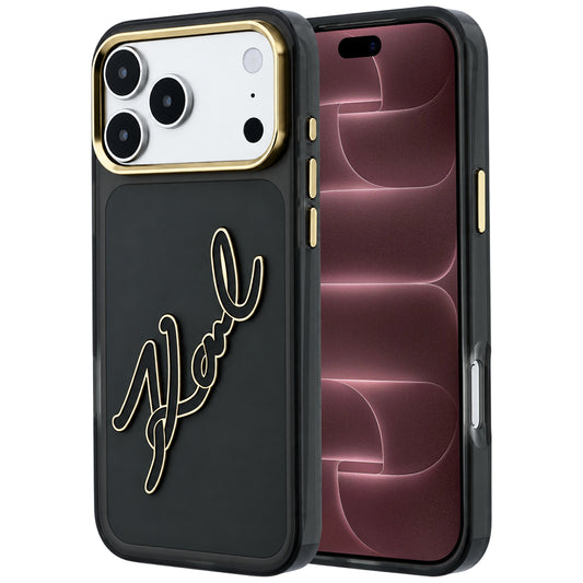 Coque pour Apple iPhone 18 Pro Max / 17 Pro Max, Karl Lagerfeld, IML Grand Logo Signature en Résine avec Cadre Métallique, Noire