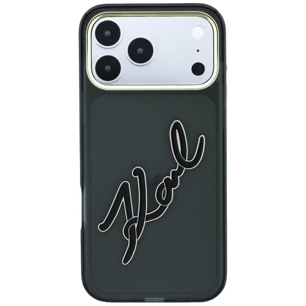 Coque pour Apple iPhone 18 Pro Max / 17 Pro Max, Karl Lagerfeld, IML Grand Logo Signature en Résine avec Cadre Métallique, Noire