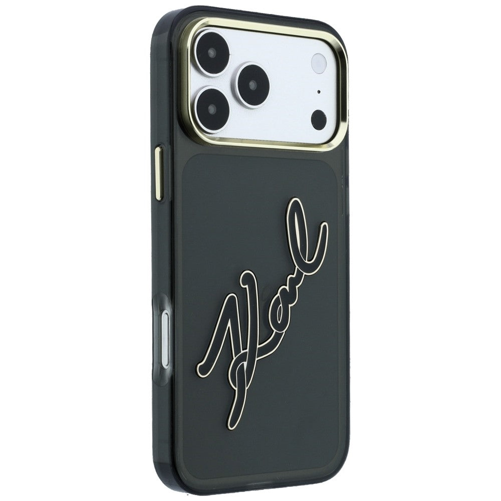 Coque pour Apple iPhone 18 Pro Max / 17 Pro Max, Karl Lagerfeld, IML Grand Logo Signature en Résine avec Cadre Métallique, Noire
