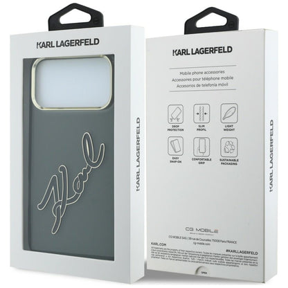 Coque pour Apple iPhone 18 Pro Max / 17 Pro Max, Karl Lagerfeld, IML Grand Logo Signature en Résine avec Cadre Métallique, Noire
