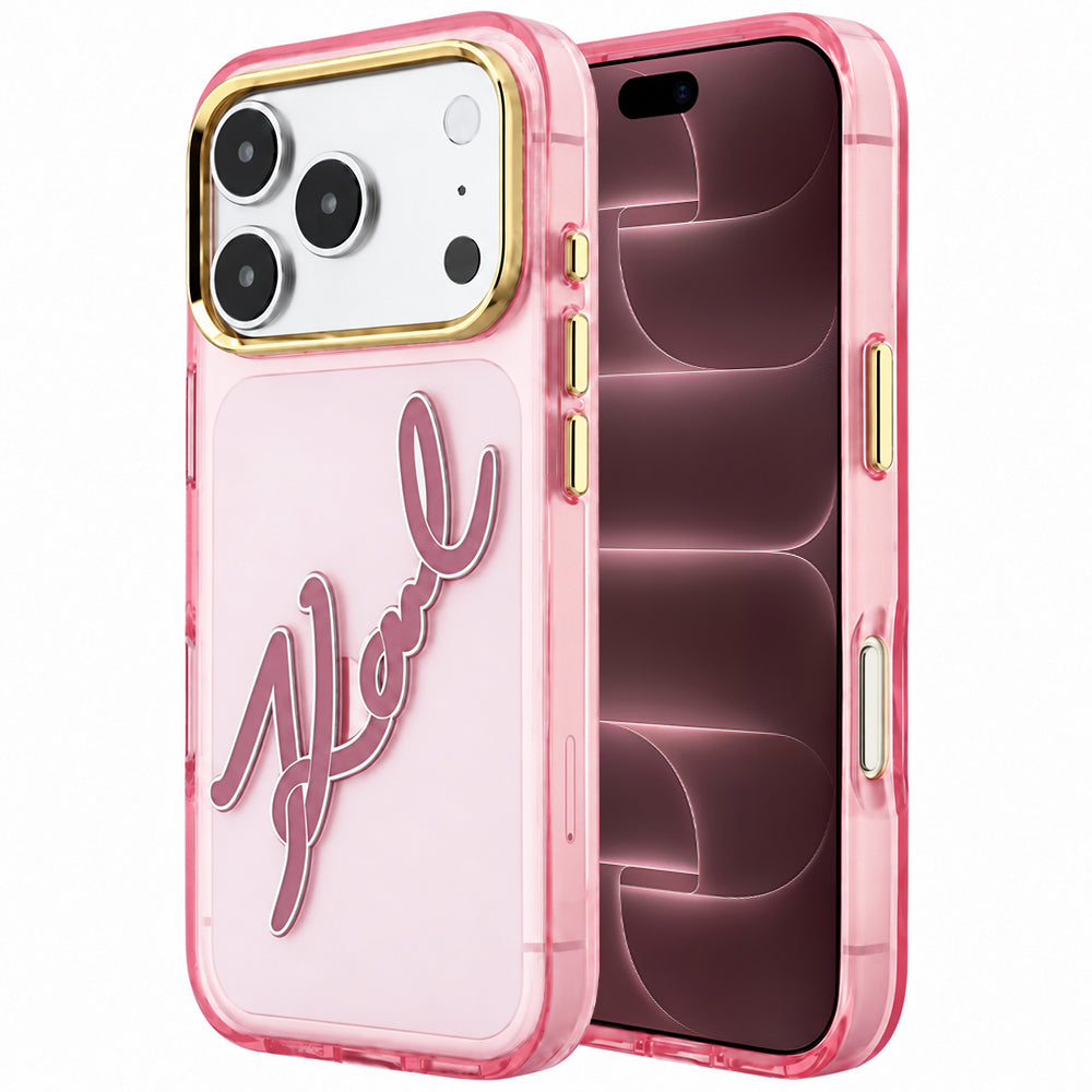 Coque pour Apple iPhone 18 Pro Max / 17 Pro Max, Karl Lagerfeld, IML Grand Logo Signature Résine Cadre Métallique, Rose