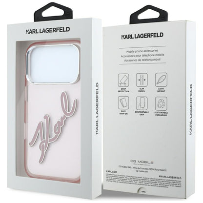 Coque pour Apple iPhone 18 Pro Max / 17 Pro Max, Karl Lagerfeld, IML Grand Logo Signature Résine Cadre Métallique, Rose