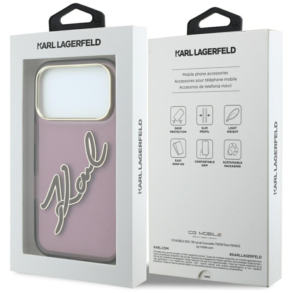 Coque pour Apple iPhone 18 Pro Max / 17 Pro Max, Karl Lagerfeld, IML Grand Logo Signature Résine Cadre Métallique, Bordeaux