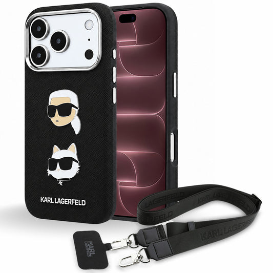 Coque pour Apple iPhone 18 Pro Max / 17 Pro Max, Karl Lagerfeld, Saffiano Crossbody Karl & Choupette Head's Pins Logo, noire