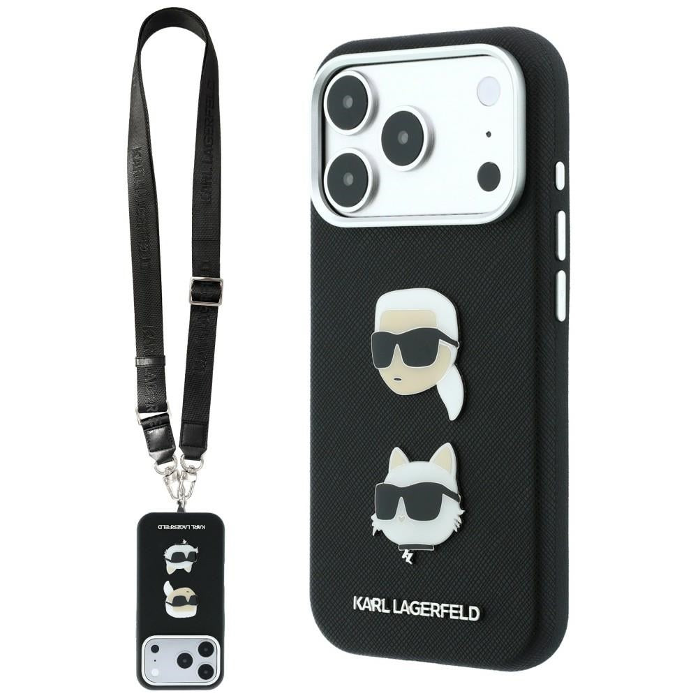 Coque pour Apple iPhone 18 Pro Max / 17 Pro Max, Karl Lagerfeld, Saffiano Crossbody Karl & Choupette Head's Pins Logo, noire