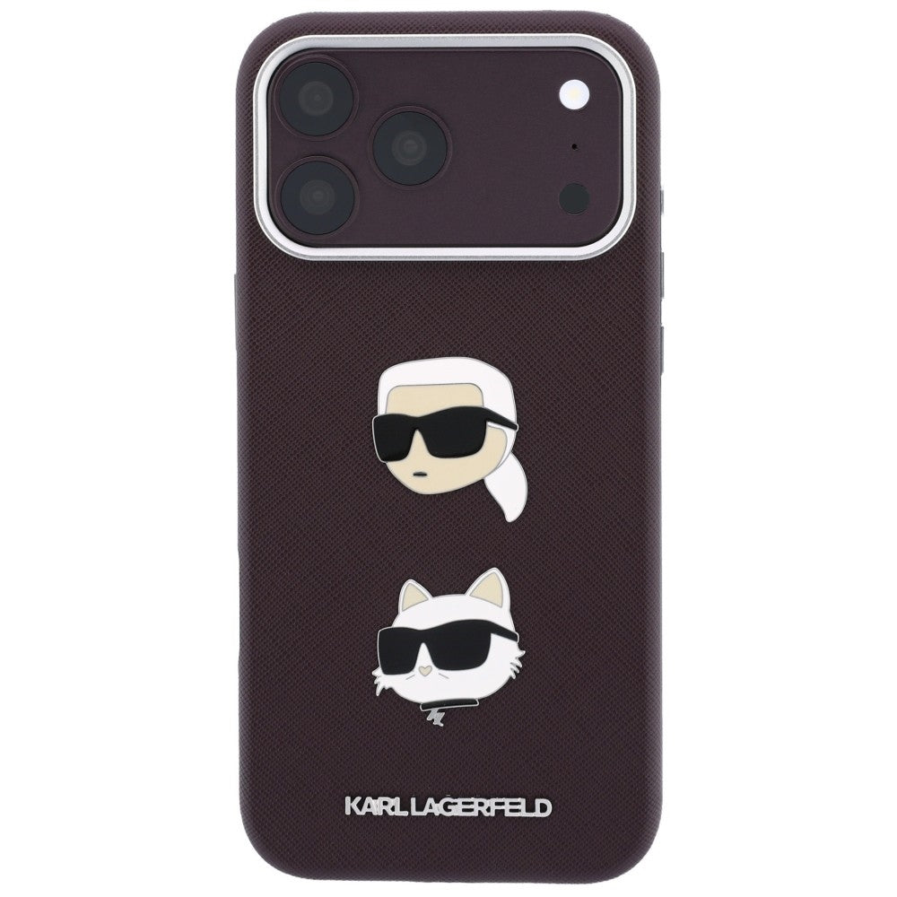 Case for Apple iPhone 18 Pro Max / 17 Pro Max, Karl Lagerfeld, Saffiano Crossbody Karl & Choupette Head's Pins Logo, Burgundy