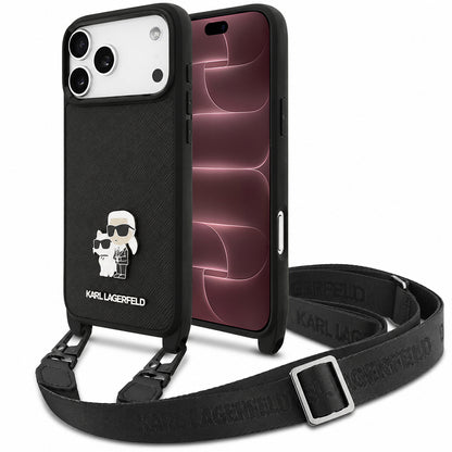 Coque pour Apple iPhone 18 Pro Max / 17 Pro Max, Karl Lagerfeld, Saffiano Crossbody Metal Pin Karl & Choupette, noire