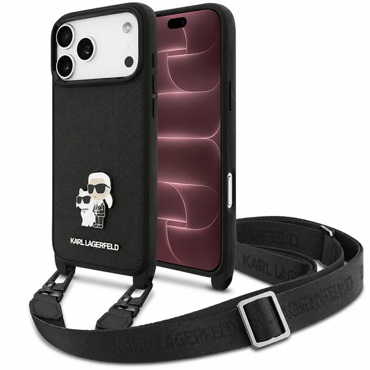 Coque pour Apple iPhone 18 Pro Max / 17 Pro Max, Karl Lagerfeld, Saffiano Crossbody Metal Pin Karl & Choupette, noire