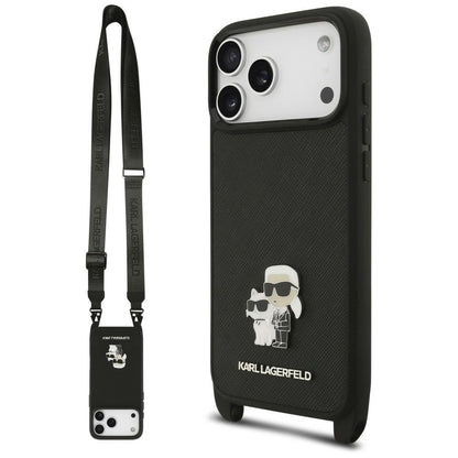 Coque pour Apple iPhone 18 Pro Max / 17 Pro Max, Karl Lagerfeld, Saffiano Crossbody Metal Pin Karl & Choupette, noire