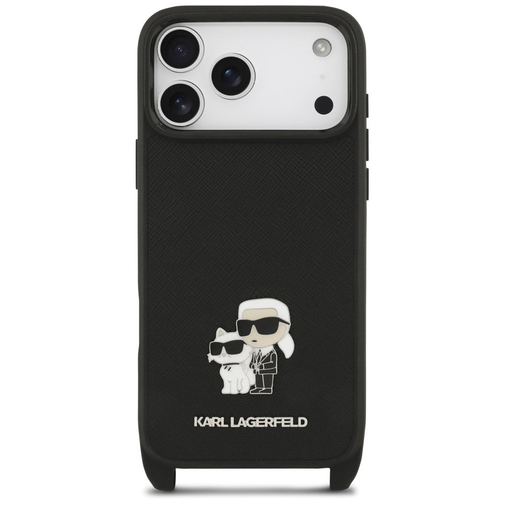 Coque pour Apple iPhone 18 Pro Max / 17 Pro Max, Karl Lagerfeld, Saffiano Crossbody Metal Pin Karl & Choupette, noire