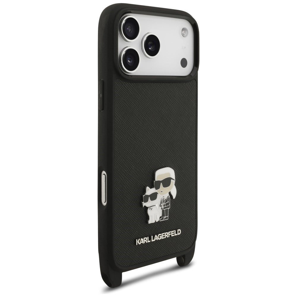 Coque pour Apple iPhone 18 Pro Max / 17 Pro Max, Karl Lagerfeld, Saffiano Crossbody Metal Pin Karl & Choupette, noire