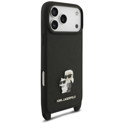 Coque pour Apple iPhone 18 Pro Max / 17 Pro Max, Karl Lagerfeld, Saffiano Crossbody Metal Pin Karl & Choupette, noire