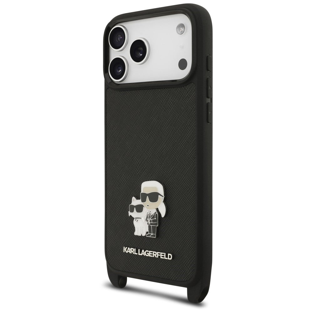 Coque pour Apple iPhone 18 Pro Max / 17 Pro Max, Karl Lagerfeld, Saffiano Crossbody Metal Pin Karl & Choupette, noire
