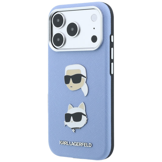 Coque pour Apple iPhone 18 Pro Max / 17 Pro Max, Karl Lagerfeld, Saffiano avec épingle tête Karl & Choupette et logo, Bleu