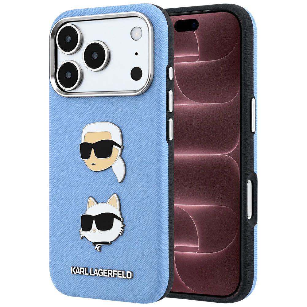 Coque pour Apple iPhone 18 Pro Max / 17 Pro Max, Karl Lagerfeld, Saffiano avec épingle tête Karl & Choupette et logo, Bleu