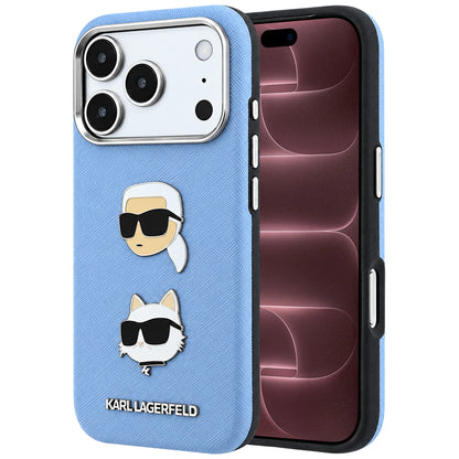 Coque pour Apple iPhone 18 Pro Max / 17 Pro Max, Karl Lagerfeld, Saffiano avec épingle tête Karl & Choupette et logo, Bleu