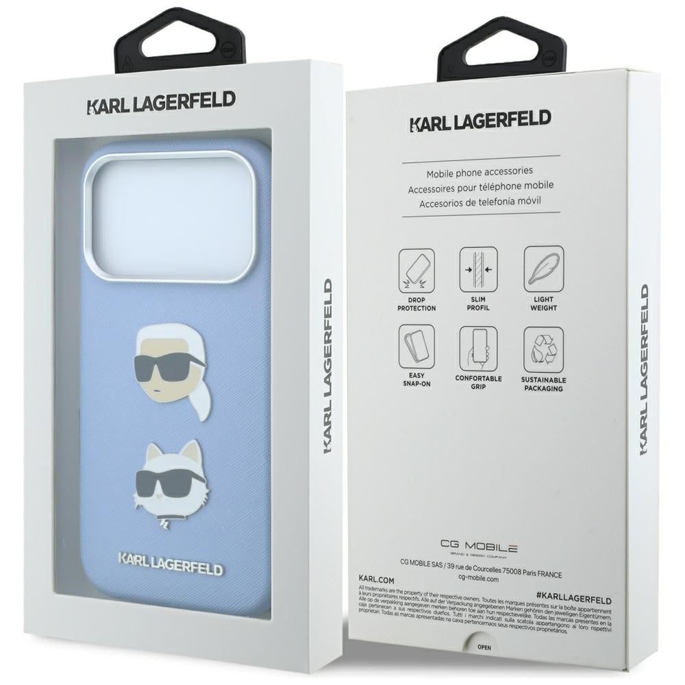 Coque pour Apple iPhone 18 Pro Max / 17 Pro Max, Karl Lagerfeld, Saffiano avec épingle tête Karl & Choupette et logo, Bleu