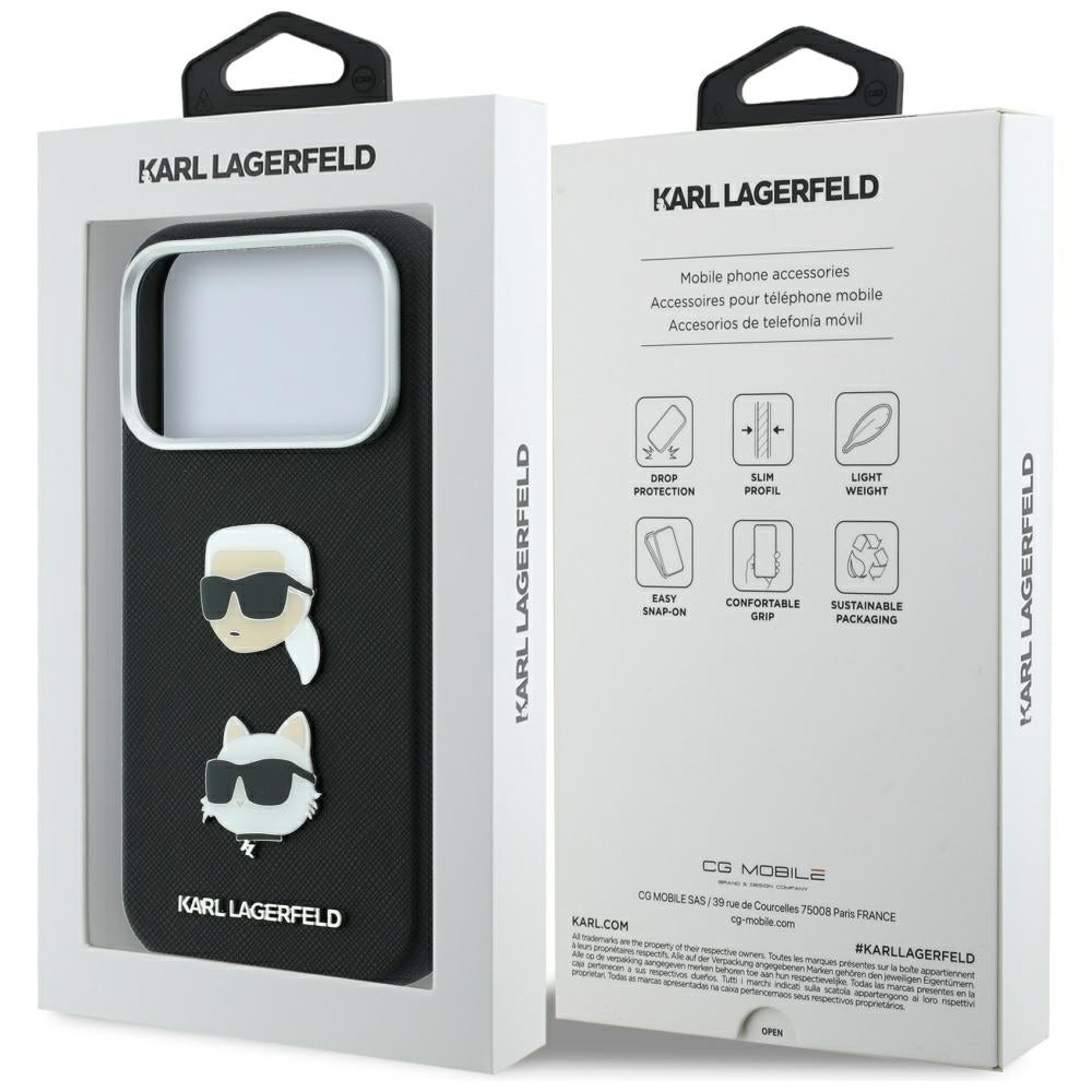 Case for Apple iPhone 18 Pro Max / 17 Pro Max, Karl Lagerfeld, Saffiano with Karl & Choupette Head's Pin and Logo, Black