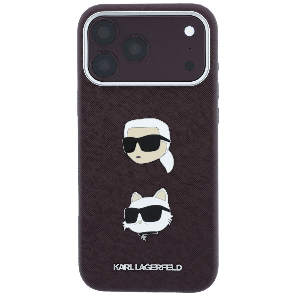 Case for Apple iPhone 18 Pro Max / 17 Pro Max, Karl Lagerfeld, Saffiano with Karl & Choupette Head's Pin and Logo, Burgundy