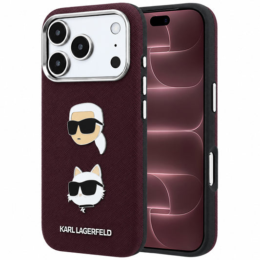 Coque pour Apple iPhone 18 Pro Max / 17 Pro Max, Karl Lagerfeld, Saffiano avec épingle tête Karl & Choupette et logo, Bordeaux