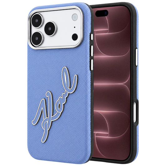 Coque pour Apple iPhone 18 Pro Max / 17 Pro Max, Karl Lagerfeld, Grand logo signature en résine lisse, Bleu